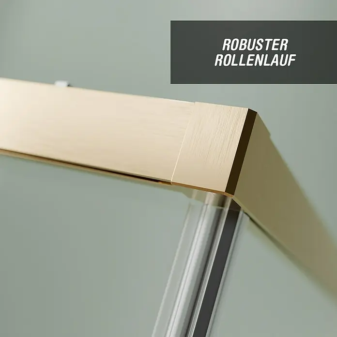 Camargue Roma Mix & Match Eckdusche - L x B x H: 90 x 90 x 195 cm, Beschichtet, Brushed Gold, Glasstärke: 6 mm - Detailansicht eines robusten Rollenlaufsystems mit goldfarbenem Rahmen, der Stabilität und Langlebigkeit verspricht.