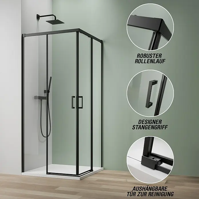 Camargue Roma Mix & Match Eckdusche - L x B x H: 80 x 80 x 195 cm, Beschichtet, Schwarz, Glasstärke: 6 mm - Abbildung einer Duschkabine mit schwarzem Rahmen und Details wie Griff und Rollenführung.