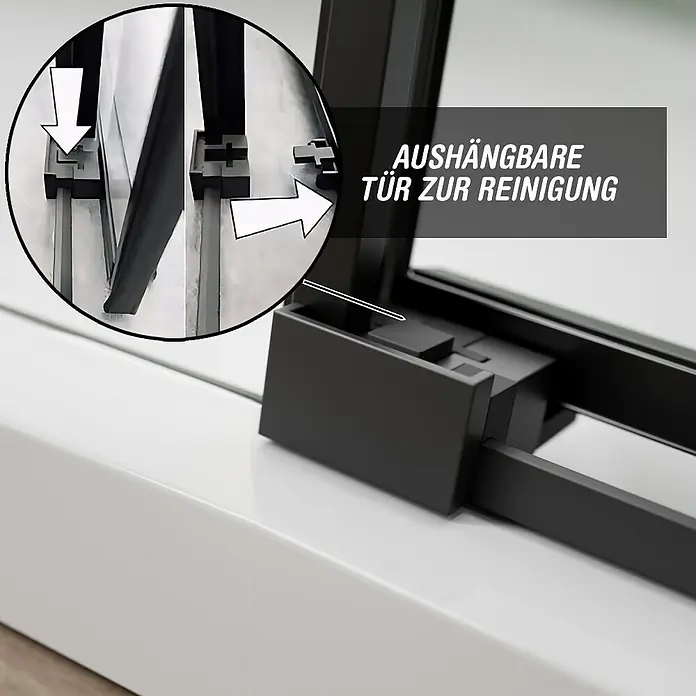 Camargue Roma Mix & Match Eckdusche - L x B x H: 120 x 100 x 195 cm, Beschichtet, Schwarz, Glasstärke: 6 mm, DIN Anschlag: Rechts - Detailaufnahme einer Duschkabinentür mit abnehmbarer Funktion zur einfachen Reinigung. Die schwarze Konstruktion ist modern und funktional.