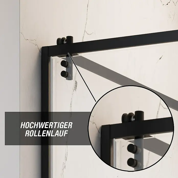 Camargue Palermo Eckdusche - L x B x H: 90 x 80 x 200 cm, Laufrollen tragen in der Höhe bis zu 40 mm auf, Unbeschichtet, Schwarz, Glasstärke: 6 mm, DIN Anschlag: Rechts - Detailaufnahme eines hochwertigen Rollenlaufs einer Duschkabine, der für sanftes Gleiten sorgt. Das schwarze Rahmendesign ist modern und stilvoll.