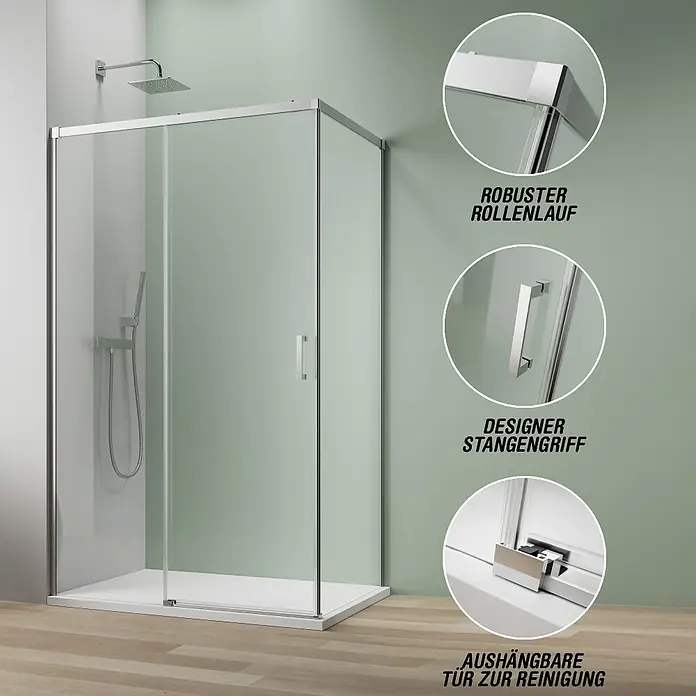 Camargue Roma Mix & Match Eckdusche - L x B x H: 140 x 80 x 195 cm, Beschichtet, Silberglanz, Glasstärke: 6 mm, DIN Anschlag: Rechts - Duschkabine mit Schiebetür aus Klarglas und Chrom-Profilen. Details: Rollenlauf, Stangengriff, aushängbare Tür.