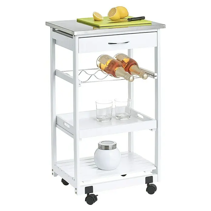 Zeller Present Küchenwagen - L x B x H: 37 x 47 x 82 cm, Weiß/Edelstahl - Hier ist ein rollbarer Küchenwagen in Weiß mit Schublade, Ablagen, Flaschenregal, Gläsern und einer Zitrone auf dem Schneidebrett.
