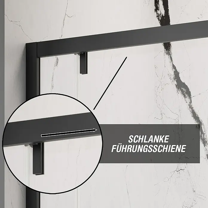 Camargue Eckdusche Verona - L x B x H: 90 x 90 x 195 cm, Schwarz, Glasstärke: 6 mm - Nahaufnahme einer schlanken Führungsschiene in Schwarz, die an einer Marmorwand befestigt ist. Der Fokus liegt auf der hochwertigen Verarbeitung.
