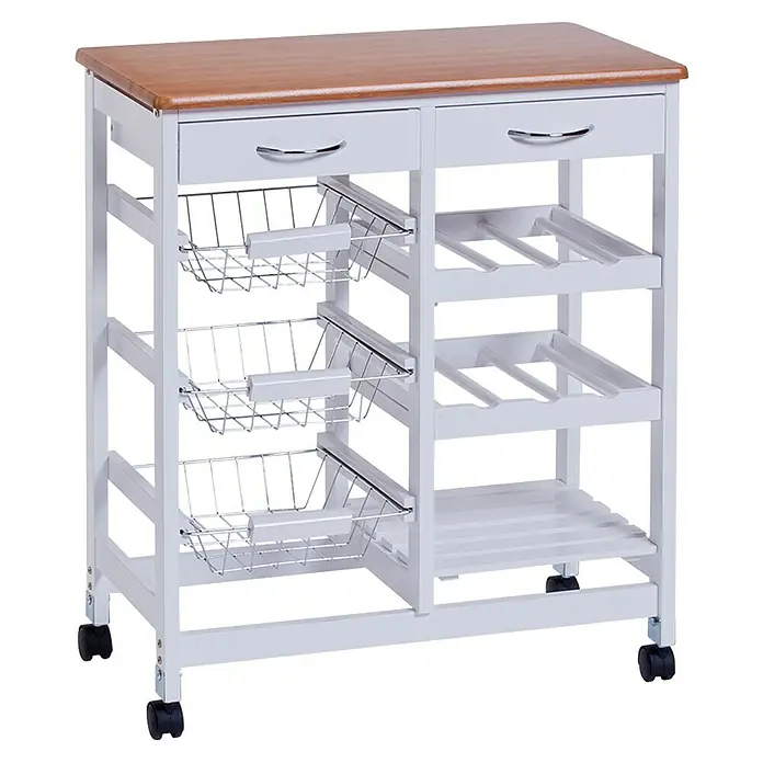Zeller Present Küchenwagen - L x B x H: 66 x 36 x 76 cm, Weiß - Küchenwagen mit Holzplatte, Schubladen, Drahtkörben und Flaschenregal für zusätzlichen Stauraum und Mobilität.