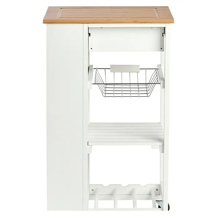 Zeller Present Küchenwagen - L x B x H: 50 x 37 x 86,5 cm, Weiß - Küchenwagen mit Arbeitsplatte aus Bambus, Schublade, Ablagekorb, Regalboden und Flaschenhalter für mehr Stauraum in der Küche.
