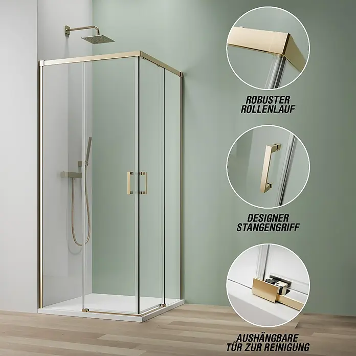 Camargue Roma Mix & Match Eckdusche - L x B x H: 90 x 90 x 195 cm, Beschichtet, Brushed Gold, Glasstärke: 6 mm - Elegante Duschkabine mit goldenen Akzenten, die robusten Rollenlauf, Designer-Stangengriff und aushängbare Tür zur Reinigung bietet.