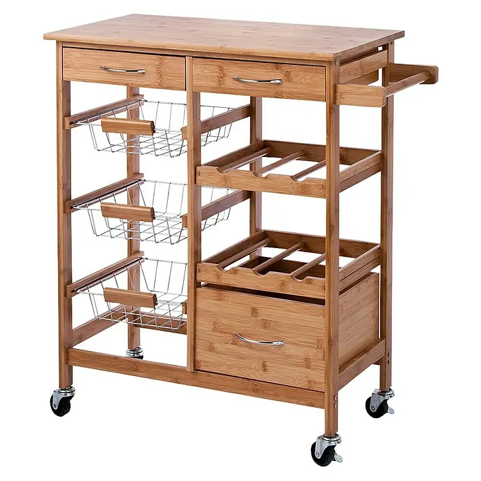 Zeller Present Küchenwagen - L x B x H: 36 x 66 x 84 cm, Bambus - Ein Küchenwagen aus Bambus mit Schubladen, Drahtkörben und einem Flaschenregal, ideal für zusätzlichen Stauraum und Organisation in der Küche.