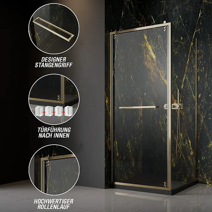 Camargue Palermo Eckdusche - L x B x H: 80 x 90 x 200 cm, Laufrollen tragen in der Höhe bis zu 40 mm auf, Unbeschichtet, Brushed Gold, Glasstärke: 6 mm, DIN Anschlag: Rechts - Exklusive Duschkabine mit goldenem Rahmen und luxuriöser Ausstattung. Hochwertiges Design für Ihr Badezimmer.