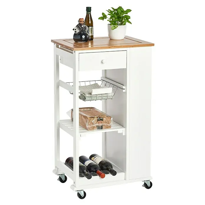 Zeller Present Küchenwagen - L x B x H: 50 x 37 x 86,5 cm, Weiß - Küchenwagen aus Holz mit Schublade, Ablagen & Rollen. Ideal zur Aufbewahrung von Flaschen, Brot & Küchenutensilien. Praktisch & stilvoll.
