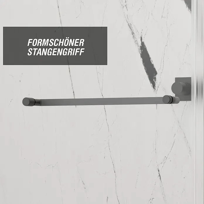 Camargue Eckdusche Verona - L x B x H: 90 x 90 x 195 cm, Schwarz, Glasstärke: 6 mm - Elegante Badaccessoires. Ein formschöner Stangengriff in Grau ist an einer weißen Marmorwand montiert und bietet eine stilvolle Aufbewahrungsmöglichkeit.