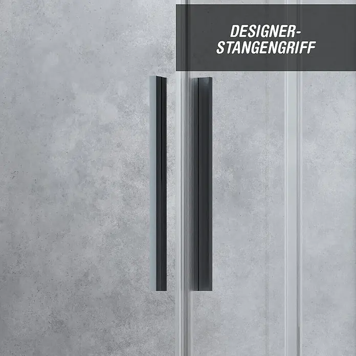 Camargue Eckdusche Tampere - L x B x H: 90 x 90 x 195 cm, Klarglas, Unbeschichtet, Gunmetal, Glasstärke: 6 mm - Nahaufnahme von Designer-Stangengriffen an einer Duschkabine, die modernes Design und Funktionalität vereinen.