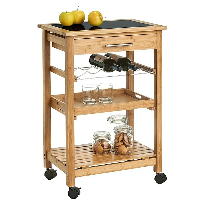 Zeller Present Küchenwagen - L x B x H: 40 x 58 x 85 cm, Bambus - Abgebildet ist ein Küchenwagen aus Bambus mit Ablagen, einer Schublade, Flaschenhaltern und Rollen. Auf der oberen Ablage liegen Äpfel.