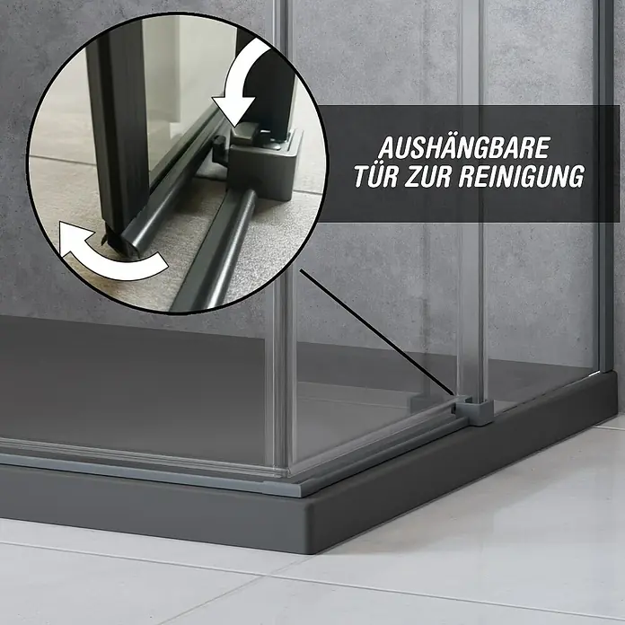 Camargue Eckdusche Tampere - L x B x H: 90 x 90 x 195 cm, Klarglas, Unbeschichtet, Gunmetal, Glasstärke: 6 mm - Duschkabine mit aushängbarer Tür zur einfachen Reinigung. Das Detailbild zeigt den Mechanismus zum Aushängen der Tür.