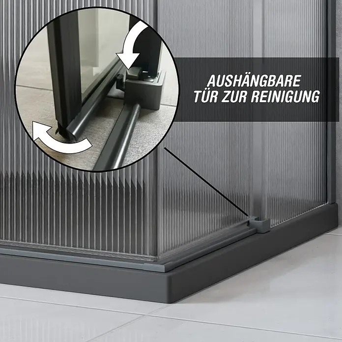 Camargue Eckdusche Tampere - L x B x H: 90 x 90 x 195 cm, Gewelltes Glas, Unbeschichtet, Gunmetal, Glasstärke: 6 mm - Detailansicht der Duschkabine mit abnehmbarer Tür zur einfachen Reinigung. Das moderne Design und die Funktionalität stehen im Vordergrund.
