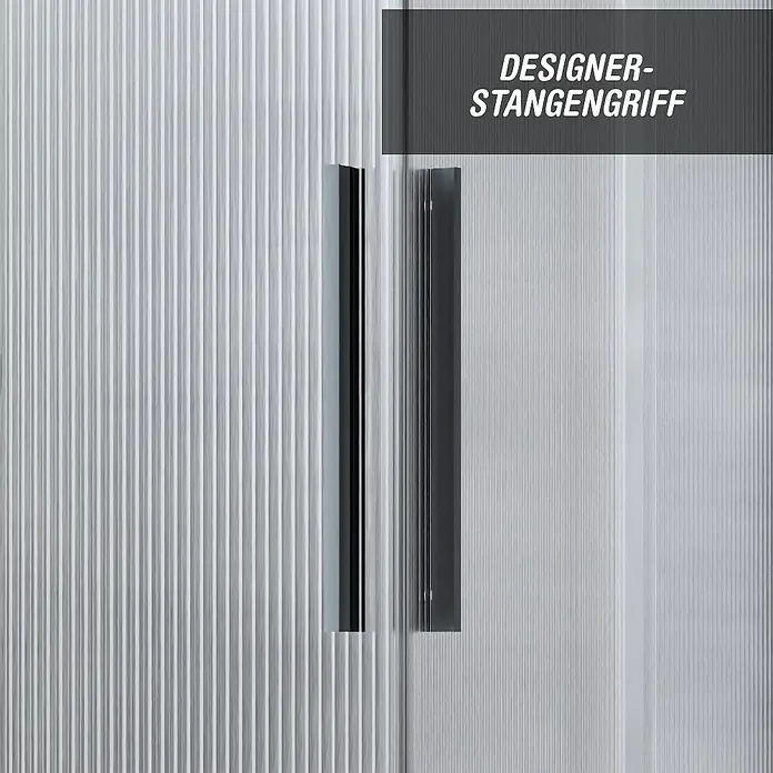 Camargue Eckdusche Tampere - L x B x H: 90 x 90 x 195 cm, Gewelltes Glas, Unbeschichtet, Gunmetal, Glasstärke: 6 mm - Nahaufnahme der modernen Stangengriffe an einer strukturierten Tür, die elegantes Design und Funktionalität vereinen.