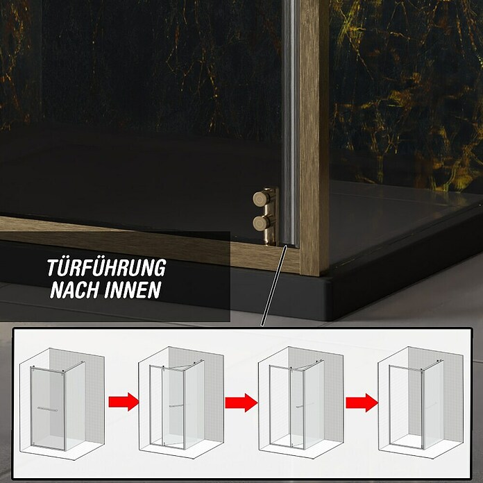 Camargue Palermo Eckdusche (L x B x H: 80 x 80 x 200 cm, Laufrollen tragen in der Höhe bis zu 40 mm auf, Unbeschichtet, Brushed Gold) | BAUHAUS