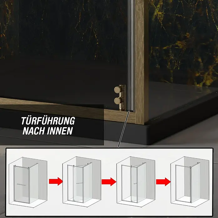 Camargue Palermo Eckdusche - L x B x H: 80 x 90 x 200 cm, Laufrollen tragen in der Höhe bis zu 40 mm auf, Unbeschichtet, Brushed Gold, Glasstärke: 6 mm, DIN Anschlag: Rechts - Detailaufnahme einer Duschkabine mit innen öffnender Tür, die eine komfortable Raumnutzung ermöglicht. Hochwertige Materialien und Verarbeitung.