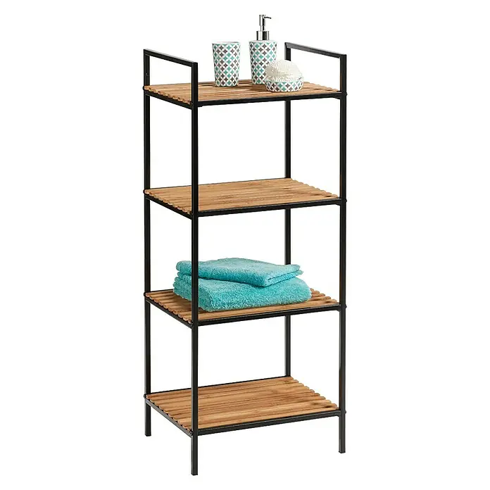Zeller Present Badregal - L x B x H: 33 x 39 x 95 cm, Farbe: Schwarz, Bambus - Das Bild zeigt ein Badezimmerregal aus dunklem Metall und Holz mit Accessoires wie Seifenspender, Becher und Handtüchern.