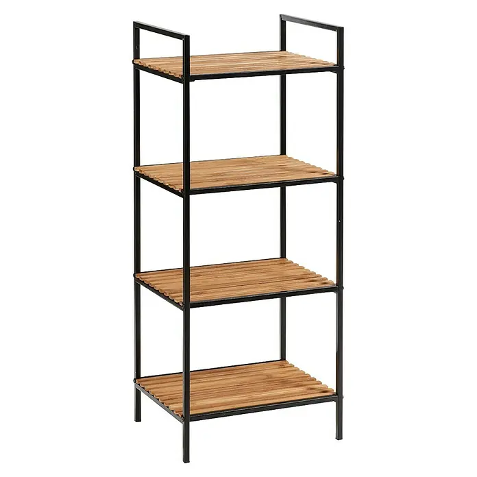 Zeller Present Badregal - L x B x H: 33 x 39 x 95 cm, Farbe: Schwarz, Bambus - Ein Regal mit vier Ablagen aus hellem Holz, gehalten von einem schwarzen Metallgestell, ideal für Bad oder Wohnbereich.