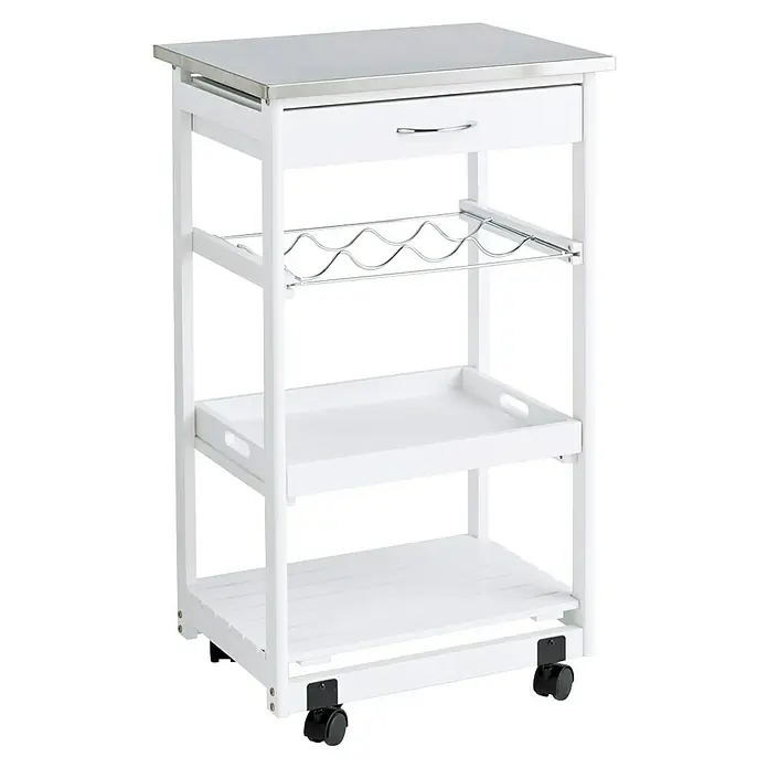 Zeller Present Küchenwagen - L x B x H: 37 x 47 x 82 cm, Weiß/Edelstahl - Hier ist ein weißer Küchenwagen mit Schublade, Ablagen und einem Weinregal, der auf Rollen steht.