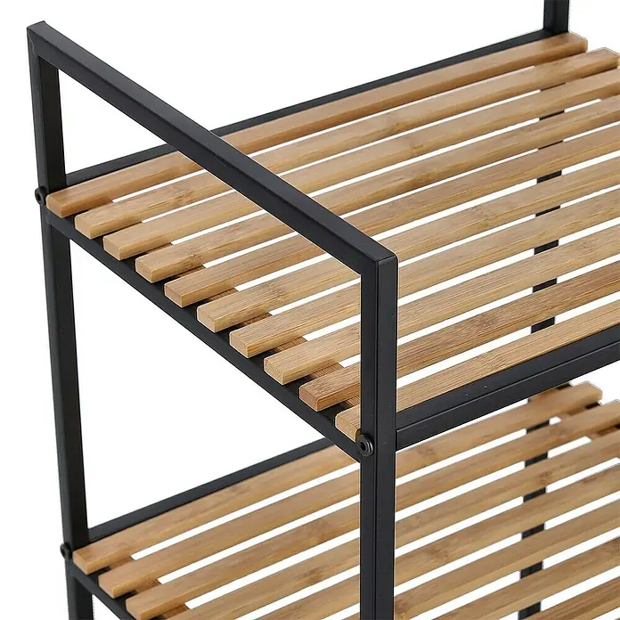 Zeller Present Badregal - L x B x H: 33 x 39 x 95 cm, Farbe: Schwarz, Bambus - Ein modernes Schuhregal mit drei Ebenen aus hellem Holz und schwarzem Metallrahmen. Ideal für eine stilvolle Aufbewahrung.