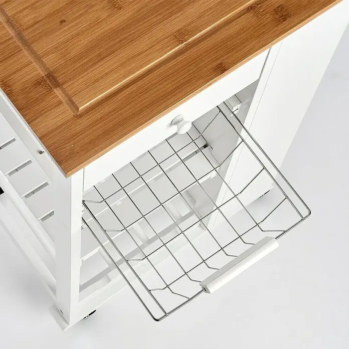 Zeller Present Küchenwagen - L x B x H: 50 x 37 x 86,5 cm, Weiß - Detailaufnahme eines Küchenwagens in Weiß mit einer Arbeitsplatte aus hellem Holz und einem ausziehbaren Drahtkorb.