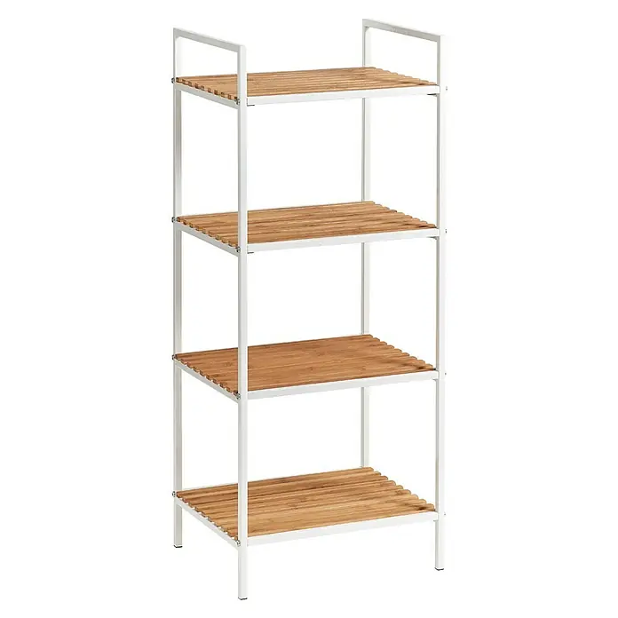 Zeller Present Badregal - L x B x H: 33 x 39 x 95 cm, Farbe: Weiß, Bambus - Ein Regal mit vier Holzböden und einem weißen Metallrahmen. Ideal für Bad oder Küche. Praktische Aufbewahrung mit Stil.