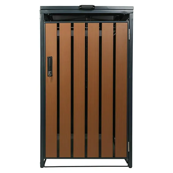 Schulte Mülltonnenbox Premium - Geeignet für Anzahl Mülltonnen: 1 Stk., Holzoptik/Anthrazit - Ein braunes Holztor mit einem schwarzen Rahmen und einem Griff mit Schlüssel. Ein elegantes und sicheres Design für den Hauseingang.