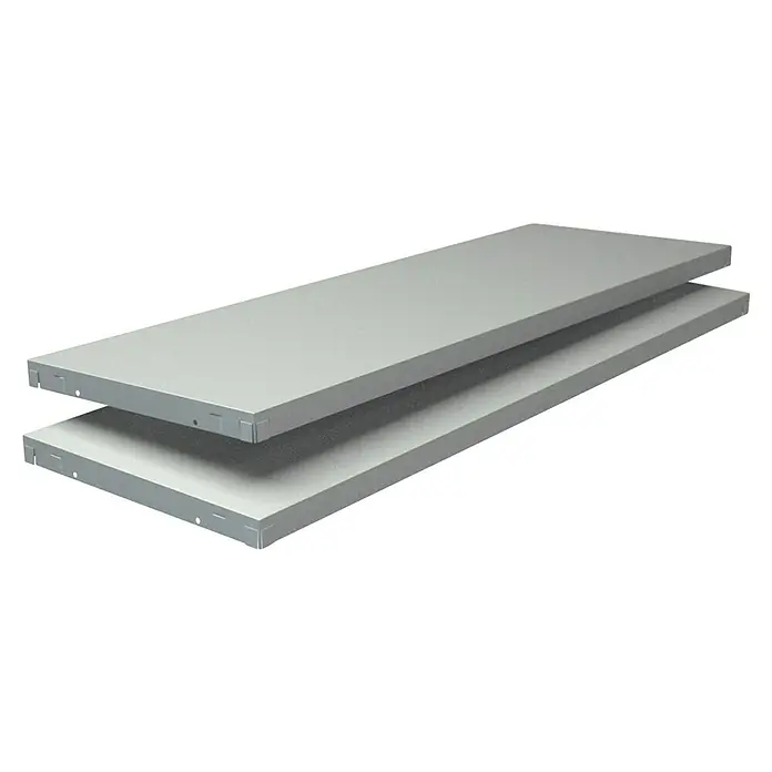 Schulte Metallregal Power Max - H x B x T: 190 x 100 x 40 cm, Traglast pro Boden: 65 kg, Anzahl Böden: 5 Stk., Stecken, Schnee Weiß - Zwei graue Metallregalböden liegen übereinander und bieten stabilen Stauraum für verschiedene Gegenstände im Haus oder im Büro.