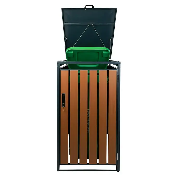 Schulte Mülltonnenbox Premium - Geeignet für Anzahl Mülltonnen: 1 Stk., Holzoptik/Anthrazit - Ein Mülltonnenbox mit Holzverkleidung und einer grünen Mülltonne. Die Box hat eine abschließbare Tür und eine Kette zur Deckelbefestigung.