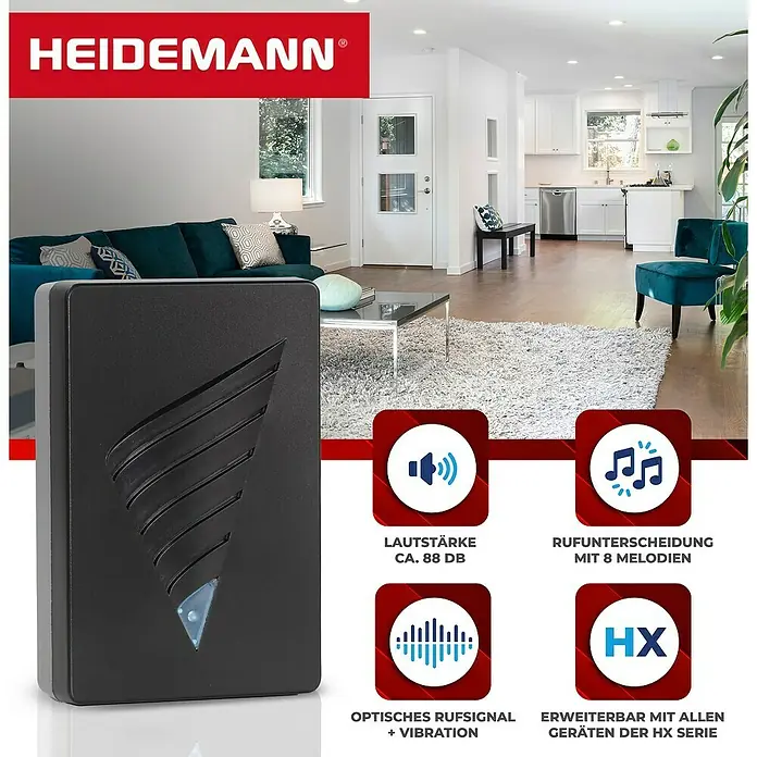 Heidemann Funkempfänger HX Ice - 107 x 107 x 33 mm, 88 dB, Schwarz - HEIDEMANN Funkgong mit 8 Melodien. Der Gong verfügt über eine Lautstärke von ca. 88 dB und optisches Rufsignal, erweiterbar mit HX Serie Geräten.
