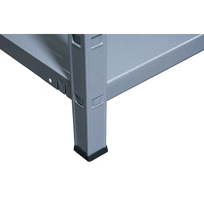 Schulte Metallregal Power Max - H x B x T: 190 x 100 x 40 cm, Traglast pro Boden: 65 kg, Anzahl Böden: 5 Stk., Stecken, Grau - Detailaufnahme eines grauen Metallregals mit schwarzem Fuß, das Stabilität und Funktionalität für Lagerzwecke bietet.