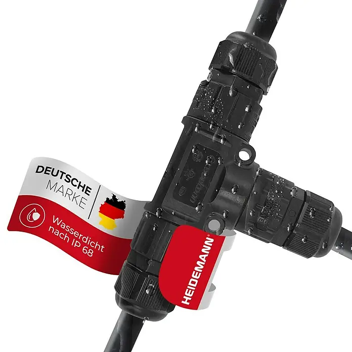 Heidemann Iso Flex Kabelverbinder T-Stück 3-polig mit Kupplungsstecker - 1 Stk., IP68 - Das Bild zeigt eine wasserdichte Kabelverbindung von Heidemann, zertifiziert nach IP68, und trägt das Label "Deutsche Marke".
