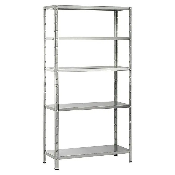 Schulte Metallregal Power Max - H x B x T: 190 x 100 x 40 cm, Traglast pro Boden: 65 kg, Anzahl Böden: 5 Stk., Stecken, Silber - Ein leeres Metallregal mit vier Ablagen, ideal für Lagerung und Organisation in Werkstatt oder Garage. Robust und vielseitig.