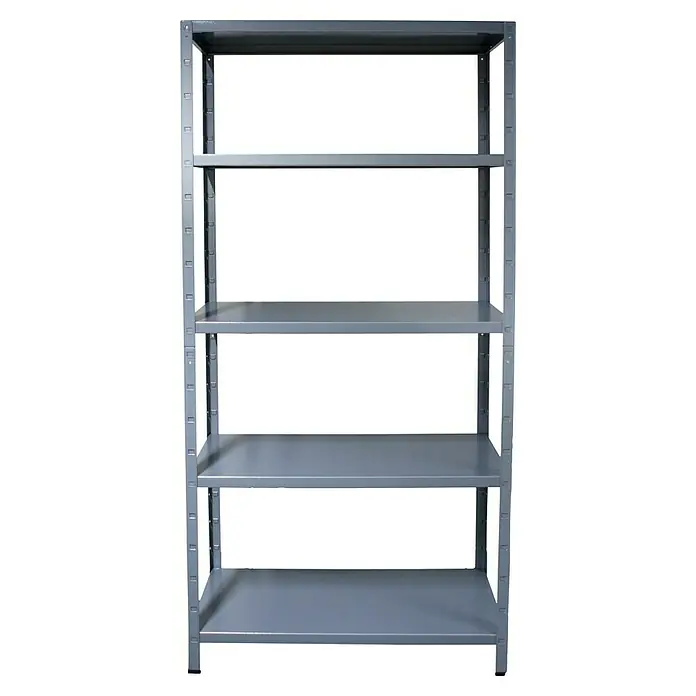 Schulte Metallregal Power Max - H x B x T: 190 x 100 x 40 cm, Traglast pro Boden: 65 kg, Anzahl Böden: 5 Stk., Stecken, Grau - Aufnahme eines grauen Metallregals mit fünf Regalböden. Ideal für Lagerung und Organisation, robust und langlebig.