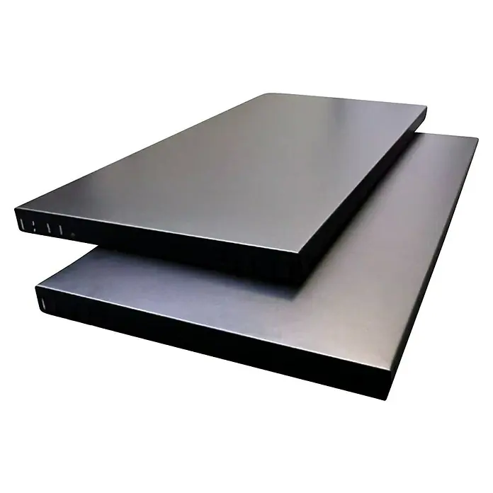 Schulte Metallregal Power Max - H x B x T: 190 x 100 x 40 cm, Traglast pro Boden: 65 kg, Anzahl Böden: 4 Stk., Stecken, Schwarz - Zwei übereinander gestapelte Metallplatten mit einem matten Finish. Sie eignen sich ideal für verschiedene industrielle Anwendungen.