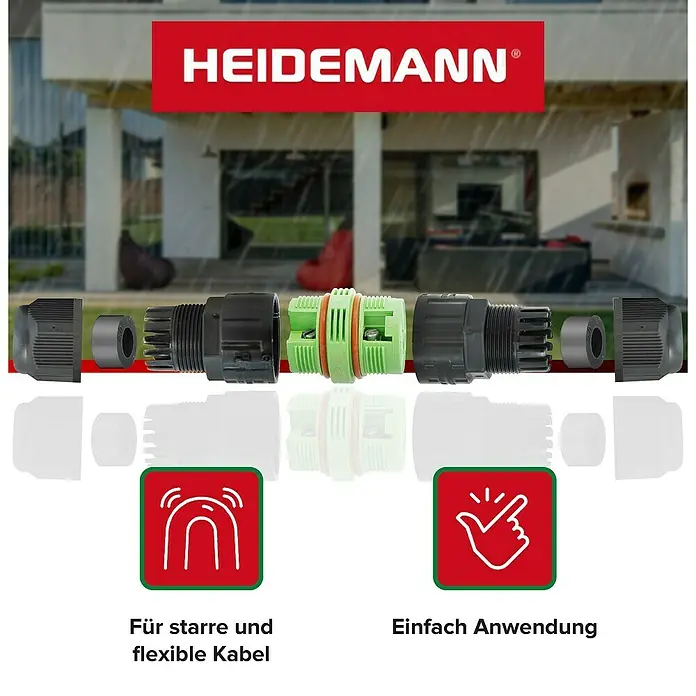 Heidemann Iso Flex Kabelverbinder 3-polig - 1 Stk., IP68 - Das Bild zeigt eine Heidemann Kabelverbindung für starre und flexible Kabel, die eine einfache Anwendung ermöglicht.