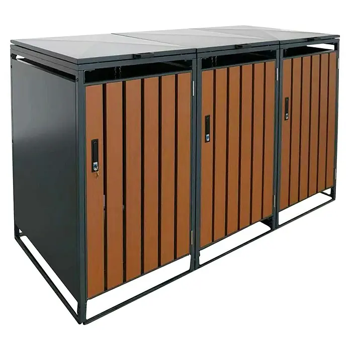 Schulte Mülltonnenbox Premium - Geeignet für Anzahl Mülltonnen: 1 Stk., Holzoptik/Anthrazit - Ein modernes Mülltonnenbox-System mit drei Fächern und Holzverkleidung bietet eine stilvolle Lösung zur Aufbewahrung.