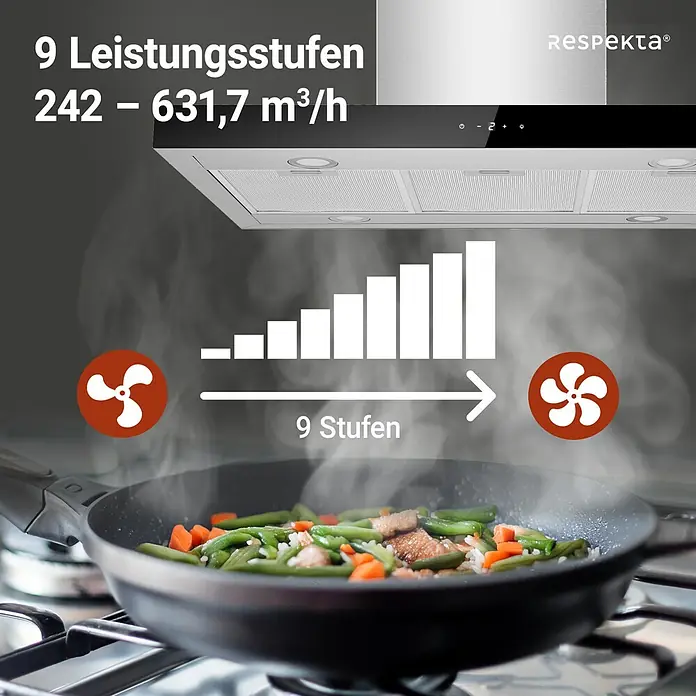 Respekta Inselhaube Cara - Breite: 89,5 cm, Max. Gebläseleistung Abluftbetrieb: 552,2 m³/h, Edelstahl - Abzugshaube Respekta® mit 9 Leistungsstufen und einer Fördermenge von 242 – 631,7 m³/h für effiziente Küchenbelüftung.\n