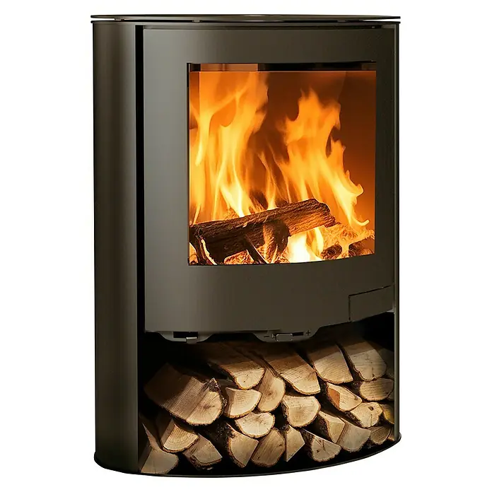 Panadero Kaminofen Tahoe - 6,7 kW, Raumheizvermögen: 200 m³, Material Verkleidung: Stahl, Schwarz Metallic - Ein Kaminofen mit brennendem Holz und Holzscheiten darunter, der Wärme und Gemütlichkeit ausstrahlt.