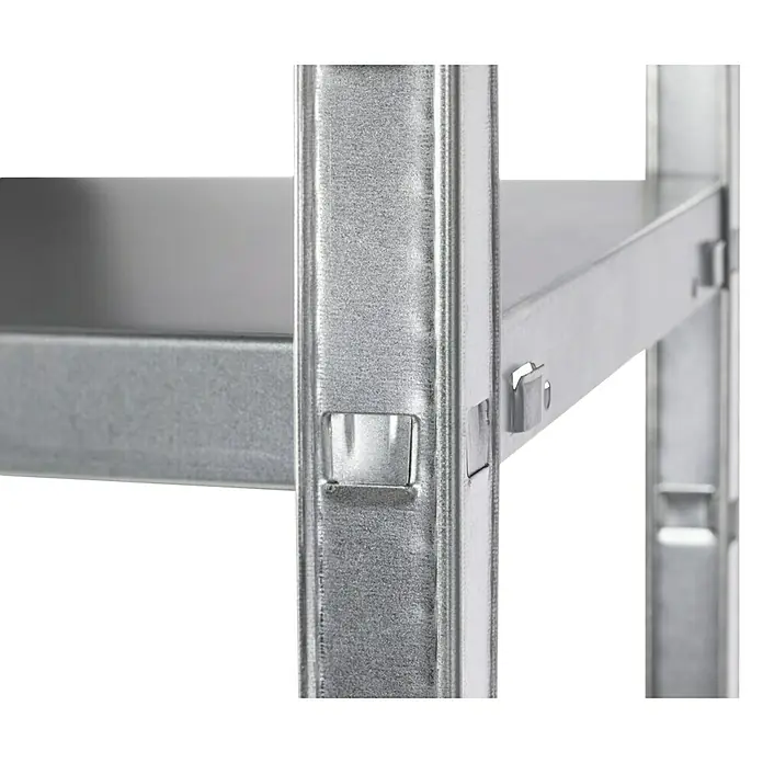 Schulte Metallregal Power Max - H x B x T: 190 x 100 x 50 cm, Traglast pro Boden: 65 kg, Anzahl Böden: 4 Stk., Stecken, Silber - Nahaufnahme eines Metallregals mit silbernen Ablagen und robustem Design für Lagerung und Organisation.