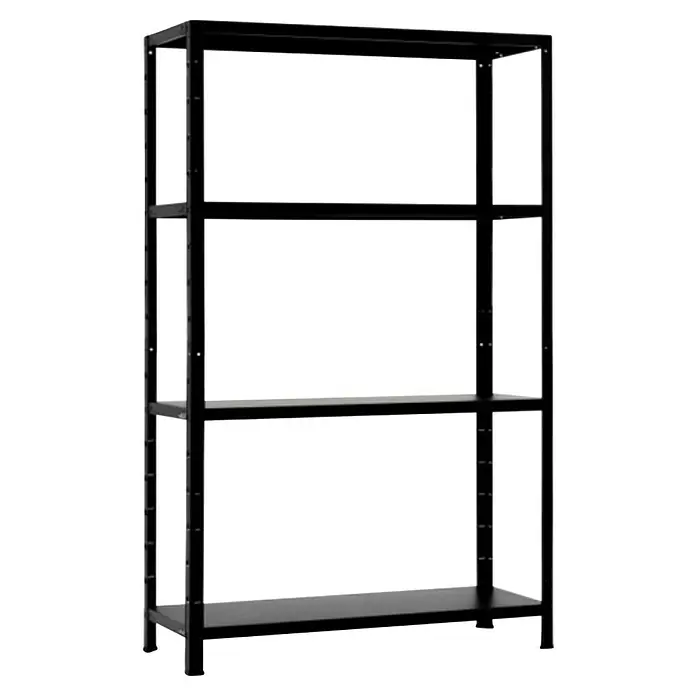 Schulte Metallregal Power Max - H x B x T: 190 x 100 x 50 cm, Traglast pro Boden: 65 kg, Anzahl Böden: 4 Stk., Stecken, Schwarz - Bild eines schwarzen Metallregals mit vier Ebenen, ideal für Lagerung und Organisation in verschiedenen Umgebungen.