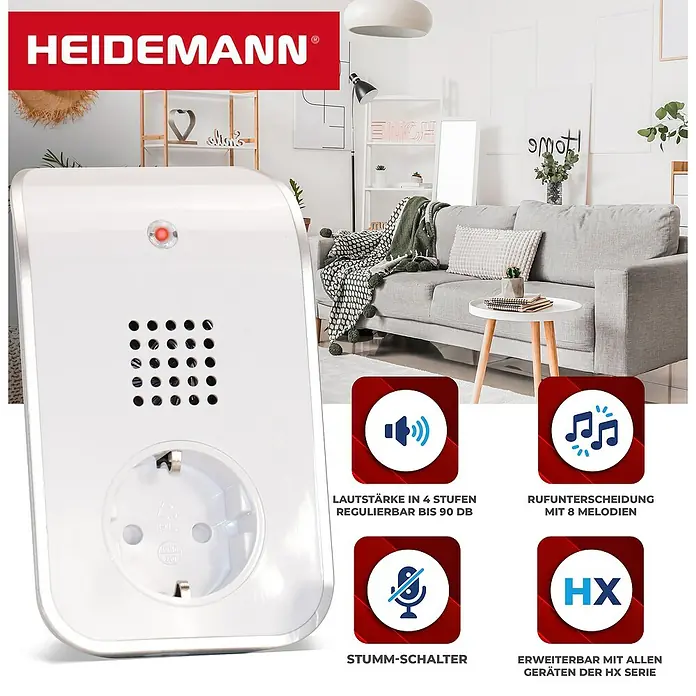 Heidemann Funkempfänger HX Curve - Weiß - Produktfoto eines weißen HEIDEMANN-Gongs für die Steckdose mit roter LED-Anzeige und verschiedenen Symbolen für Funktionen.