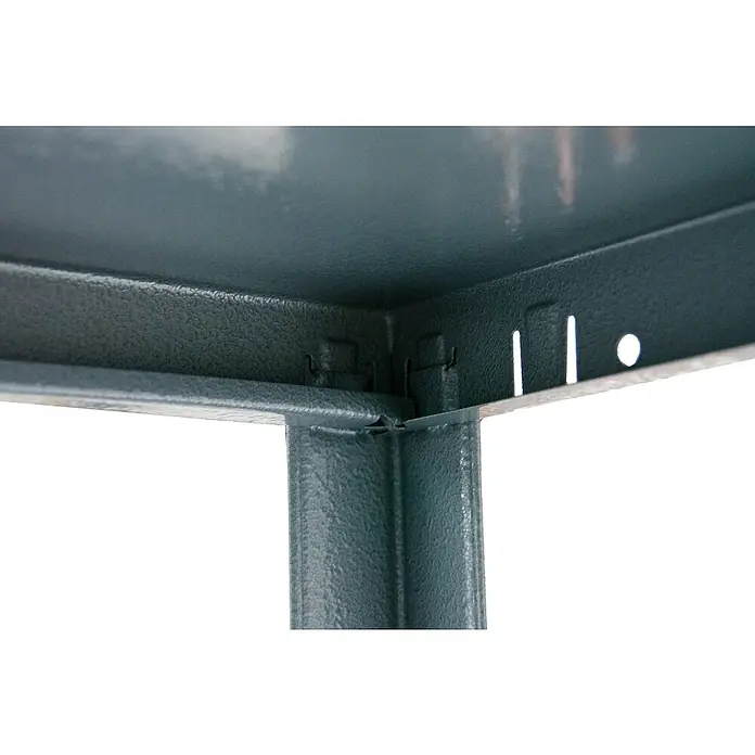 Schulte Metallregal Power Max - H x B x T: 190 x 100 x 40 cm, Traglast pro Boden: 65 kg, Anzahl Böden: 5 Stk., Stecken, Grau - Detailaufnahme eines grauen Metallregals, das Stabilität und Funktionalität vereint.\n