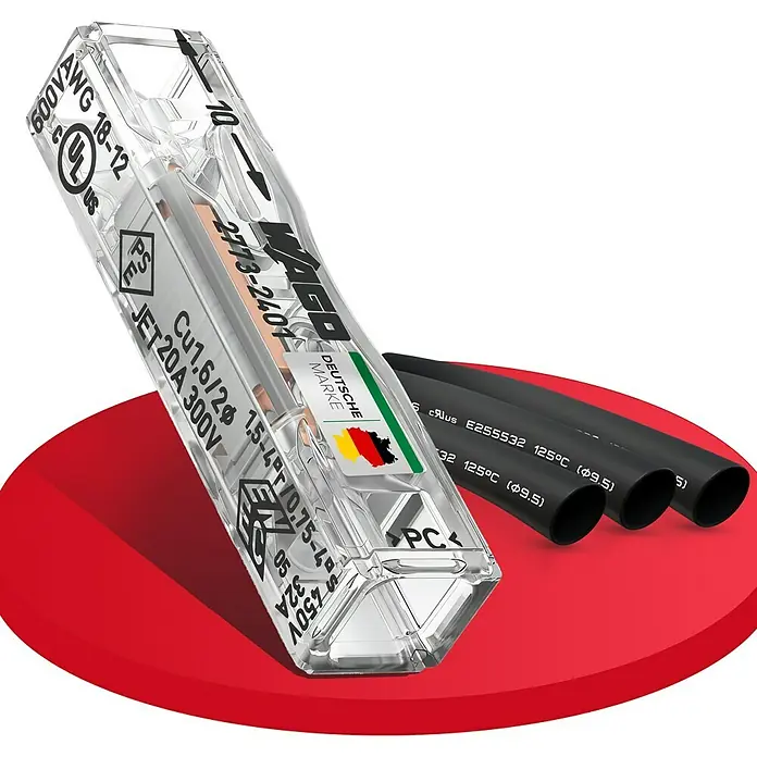 Heidemann Iso Flex Reparatur-Set mit 6 WAGO Durchgangsverbinder, 3 Schrumpfschläuchen - 9 -tlg. - Ein WAGO Verbindungsklemme der Serie 2773-2404 und Schrumpfschläuche, ideal für sichere und zuverlässige elektrische Verbindungen.