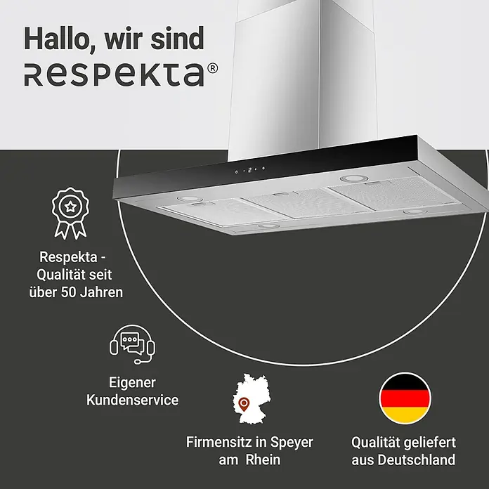 Respekta Inselhaube Cara - Breite: 89,5 cm, Max. Gebläseleistung Abluftbetrieb: 552,2 m³/h, Edelstahl - Respekta Dunstabzugshaube mit Leistungsübersicht, Kundenservice und Firmensitz in Speyer. Qualität seit über 50 Jahren aus Deutschland.