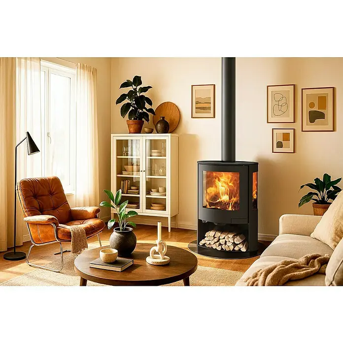 Panadero Kaminofen Baikal Trivision - 6,7 kW, Raumheizvermögen: 200 m³, Material Verkleidung: Stahl, Schwarz Metallic - Gemütliches Wohnzimmer mit einem modernen Kaminofen, der Wärme und Atmosphäre verbreitet. Der Ofen ist ein Blickfang und sorgt für behagliche Stunden.
