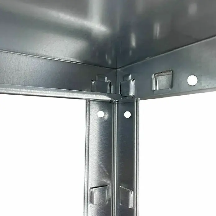 Schulte Metallregal Power Max - H x B x T: 190 x 100 x 50 cm, Traglast pro Boden: 65 kg, Anzahl Böden: 4 Stk., Stecken, Silber - Detailaufnahme eines stabilen, silberfarbenen Metallregals, das durch seine robuste Bauweise und einfache Montage überzeugt.