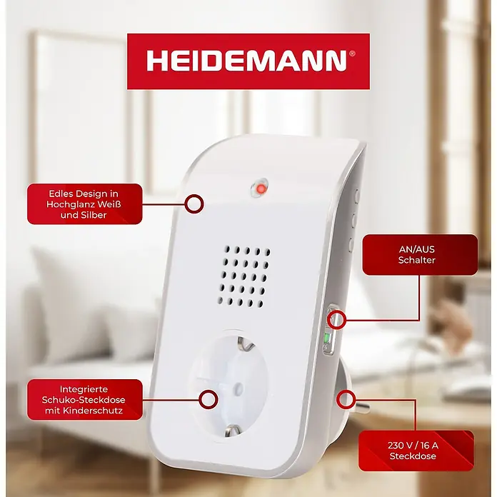 Heidemann Funkempfänger HX Curve - Weiß - Abbildung einer HEIDEMANN Steckdose mit Schuko-Steckdose, Kinderschutz und AN/AUS Schalter. Edles Design in Hochglanz Weiß und Silber.