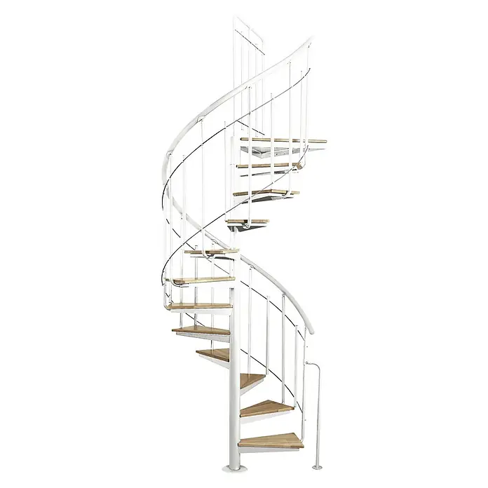 Atrium Spindeltreppe Solo Vertical - Farbton Metall: RAL 9003, Durchmesser: 120 cm, Stahl, Buche, Geschosshöhe: 264 cm - 286 cm - Eine elegante Wendeltreppe mit weißen Geländern und Holzstufen, ideal für stilvolle Innenräume und eine moderne Optik.